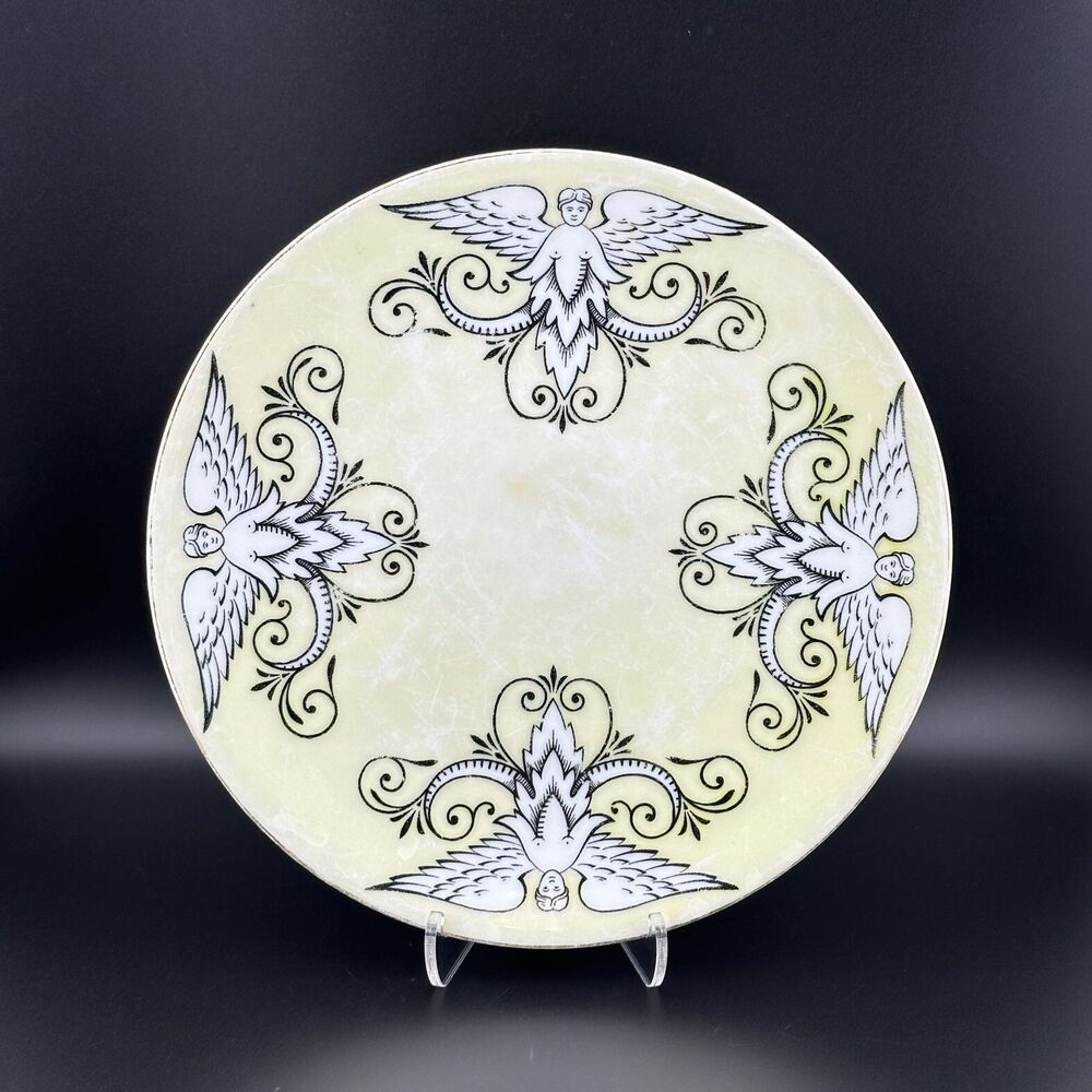 Antique RS Germany Angel Harpy Pale Yellow Black Porcelain Cabinet Plate 8"